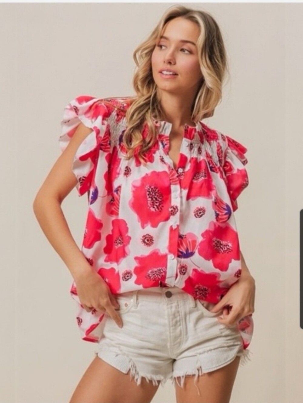 BiBi White Top with Bright Pink Floral Print